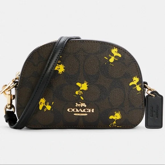Nwt! Coach Peanuts Mini Serena Crossbody Signature with Woodstock Print - Picture 1 of 13